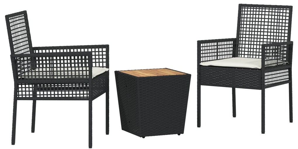 Set da giardino bistro 3 pezzi con cuscini nero rattan sintetico