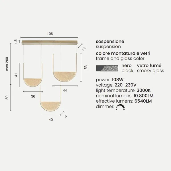 Lampada a sospensione LOTUS 3 Luci base rettangolare 106 cm e vetro granigliato FUMÉ