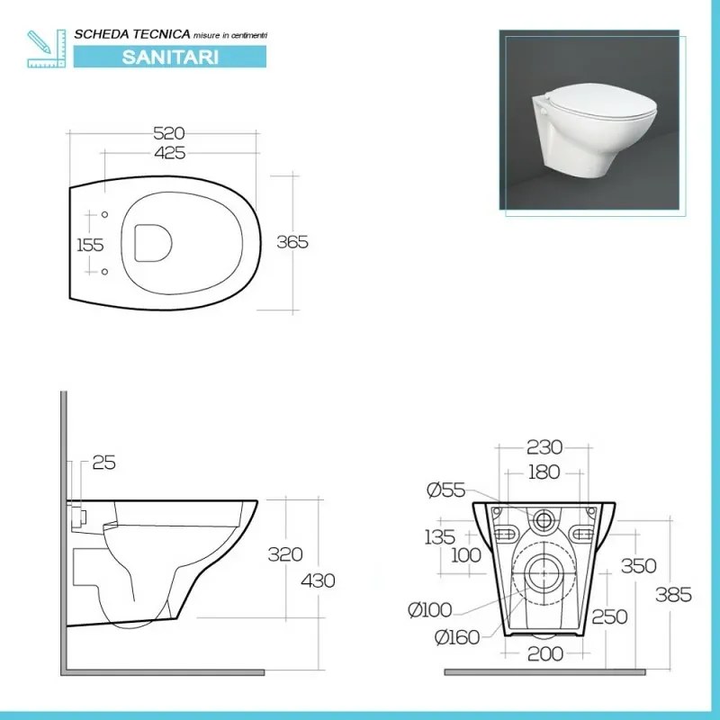 Sanitari sospesi Rimless Morning scarico a parete e sedile originale