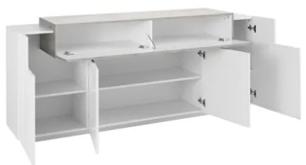 Credenza Moderna A 4 Ante 200x45x85,5 Bianco Lucido/Effetto Cemento Corona