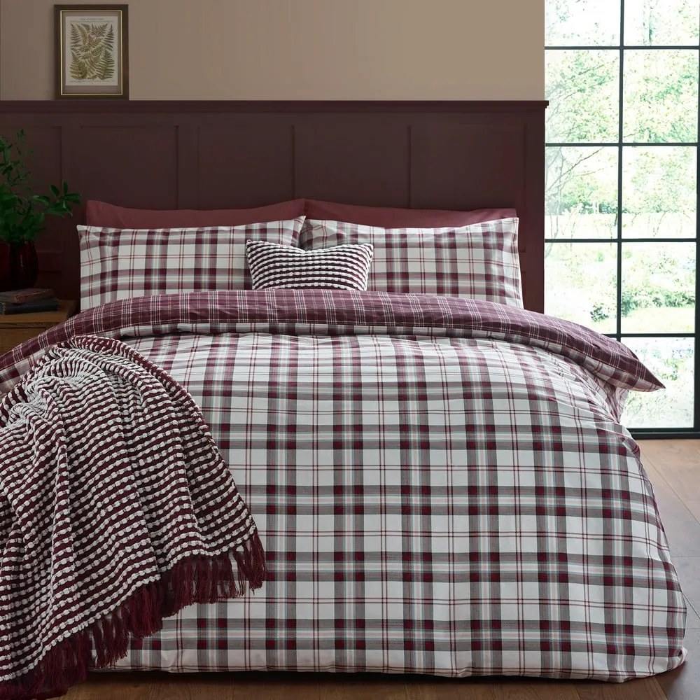 Set copripiumino e federa burgundy per letto matrimoniale 200x200 cm Kelso Check – Catherine Lansfield