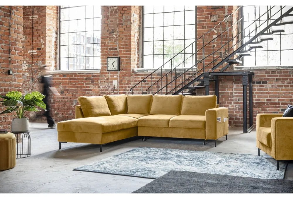 Divano letto angolare in velluto giallo (angolo sinistro) Lofty Lilly - Miuform