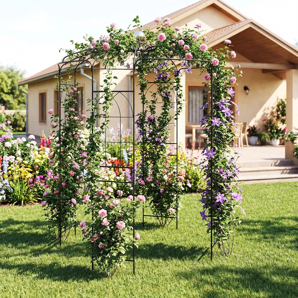 Costway Gazebo a forma di gabbia per uccelli, Traliccio ad arco in metallo zincato per piante rampicanti con gancio Nero