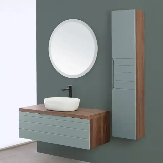 Mobile bagno sospeso 80 cm verde effetto legno con armadietto a specchio  Sofia
