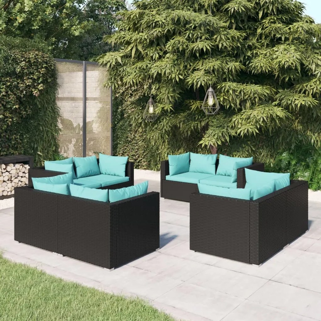 Set salotto da giardino 8 pz con cuscini in polyrattan nero