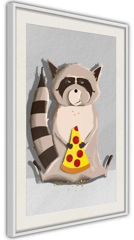 Poster  Racoon Eating Pizza  Cornice Quadri Cornice nera con pass-partout, Larghezza x Altezza Home decor 20x30