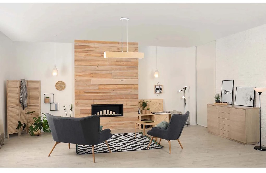 Lampadario 3 Luci Merlino In Acciaio Bianco Corpo Rettangolare E Legno Naturale