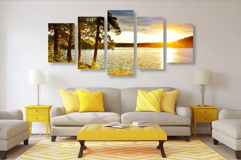 Quadri 5 pezzi – Tramonto sul lago