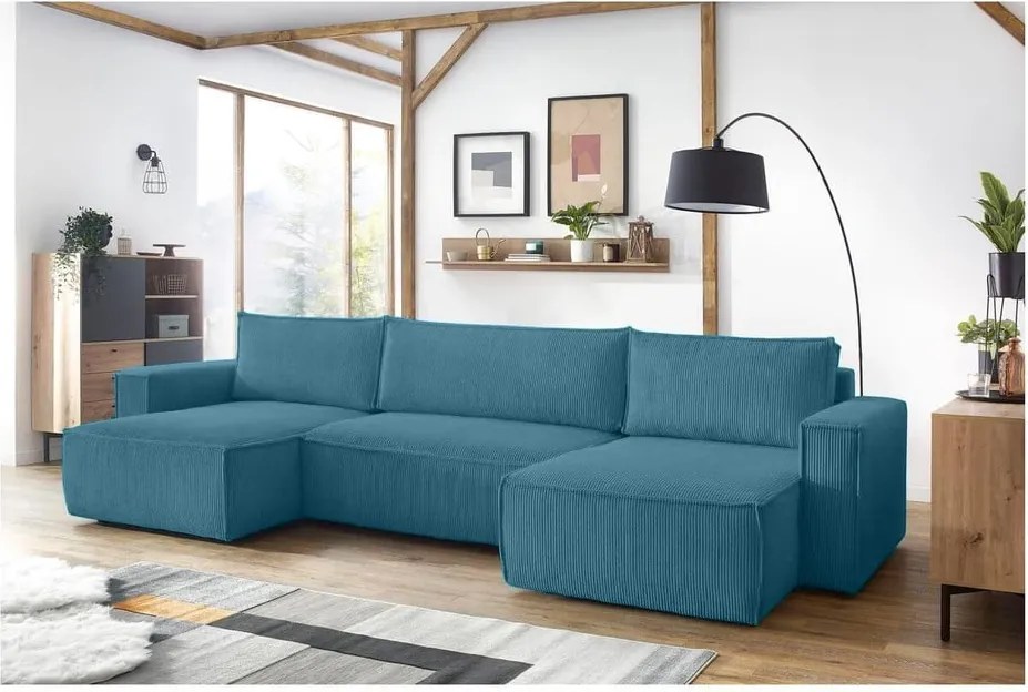 Divano angolare turchese allungabile con rivestimento in velluto a coste Nihad – Bobochic Paris