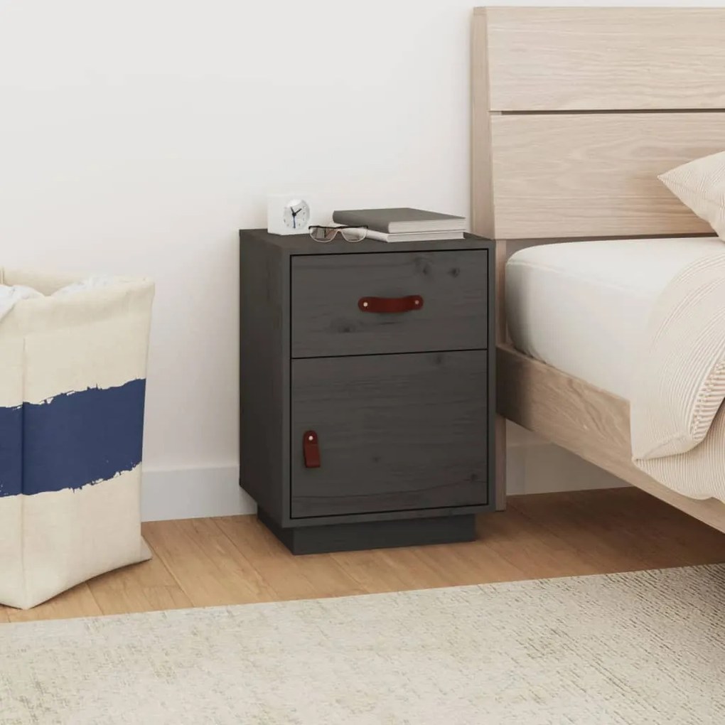 Comodino Grigio 40x34x55 Cm İn Legno Massello Di Pino /