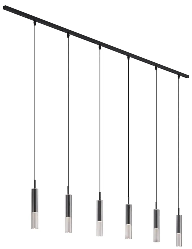 Sistema di illuminazione a binario moderno nero con 6 lampade a sospensione nere con vetro fumé 1 fase - Slimline Loyce