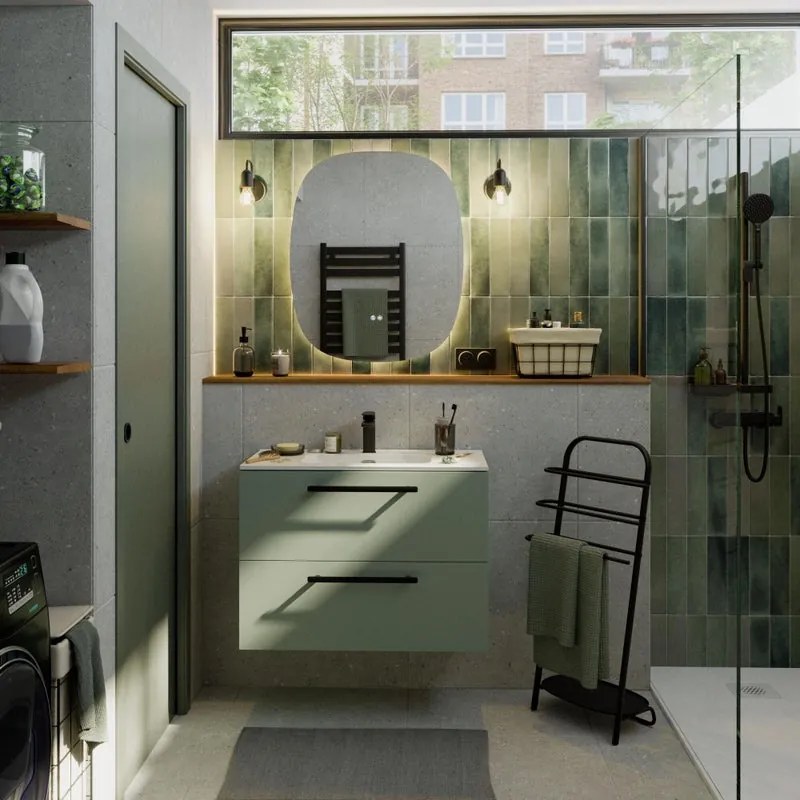 Mobile bagno sospeso con lavabo L 80 x H 57,7 x P 45 cm verde matt truciolare 2 cassetti | Remix