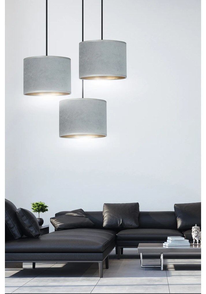 Lampadario Tondo 3 Luci Ganesha In Acciaio Nero E Paralumi In Tessuto Grigio