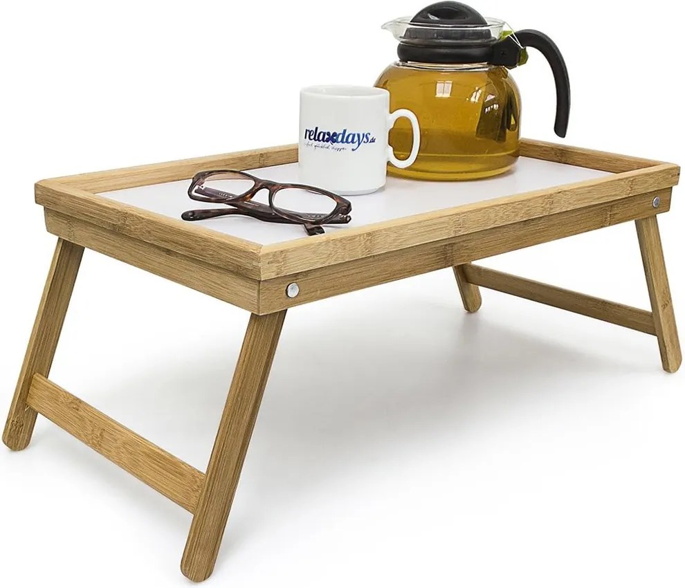 Vassoio Colazione a Letto 50x30x22 cm con Gambe Pieghevoli Salvaspazio in Bambù Bianco...