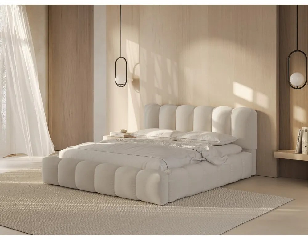 Letto matrimoniale imbottito color crema con contenitore con rete inclusa 180x200 cm Lupine – Micadoni