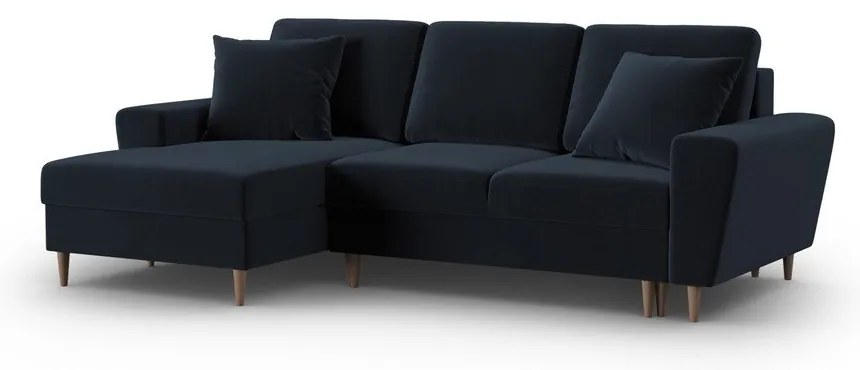 Divano angolare blu scuro allungabile e con contenitore (con penisola a sinistra/con chaise lounge) con rivestimento in velluto Kyoto – Cosmopolitan Design