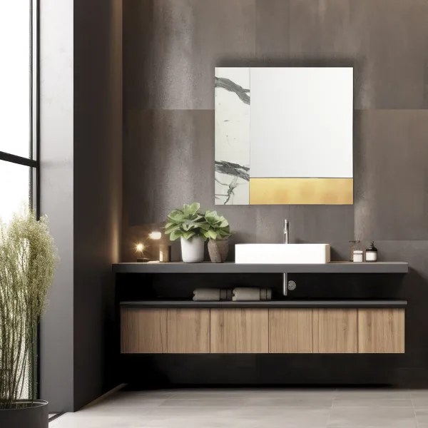 Specchio moderno quadrato 80 cm effetto marmo bianco e foglia oro - KEIRA