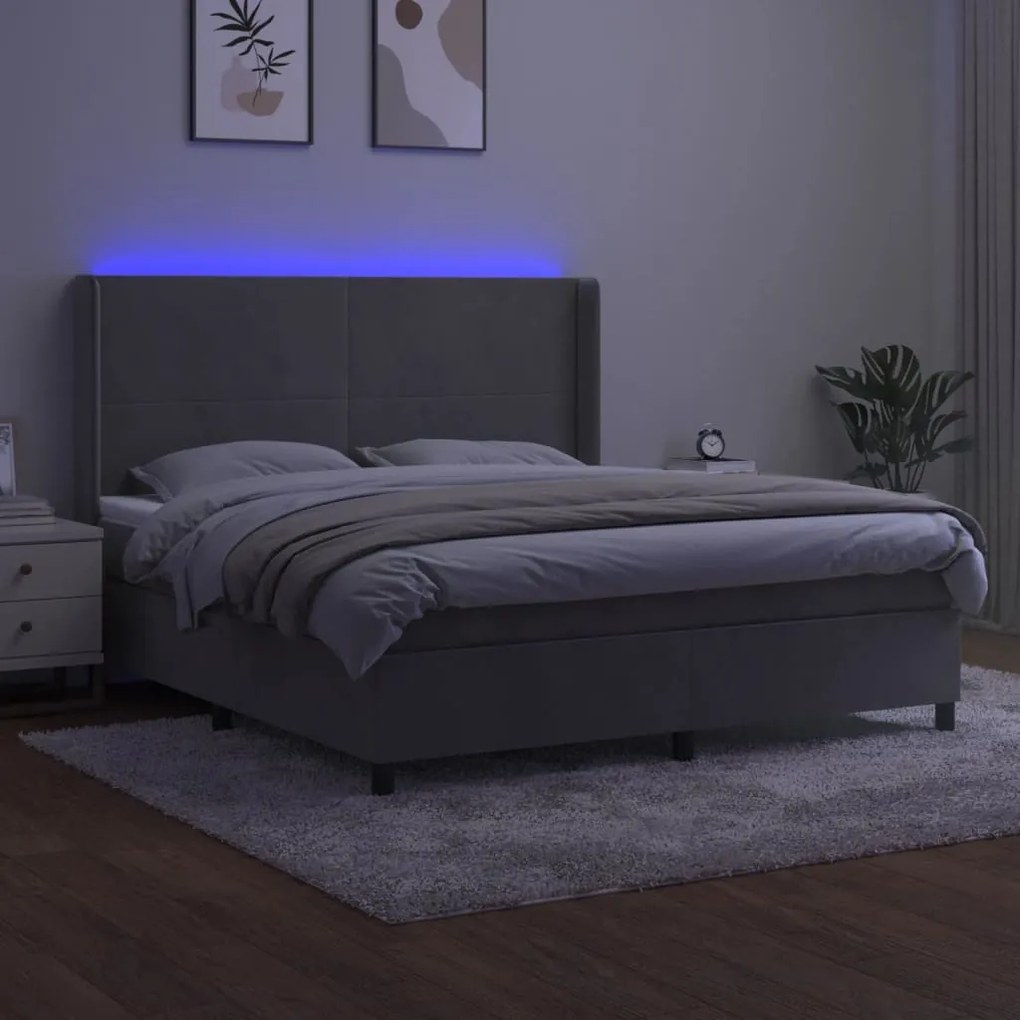 Letto a molle materasso e led grigio chiaro 160x200 cm velluto