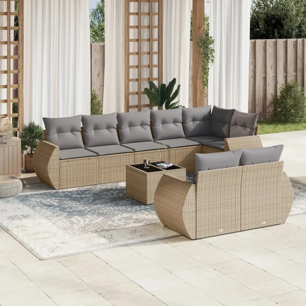 Set divano da giardino 9 pz con cuscini beige in polyrattan