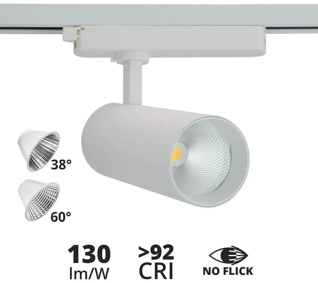 Faro LED 30W Monofase 38°/60° 130lm/W CRI92 no Flickering Colore Bianco Caldo 2.700K
