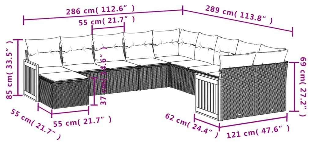 Set Divani da Giardino 11 pz con Cuscini in Polyrattan Nero