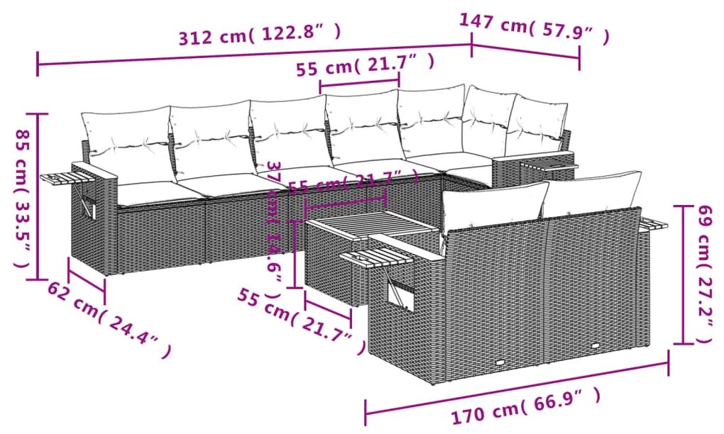 Set divano da giardino 9 pz con cuscini grigio in polyrattan