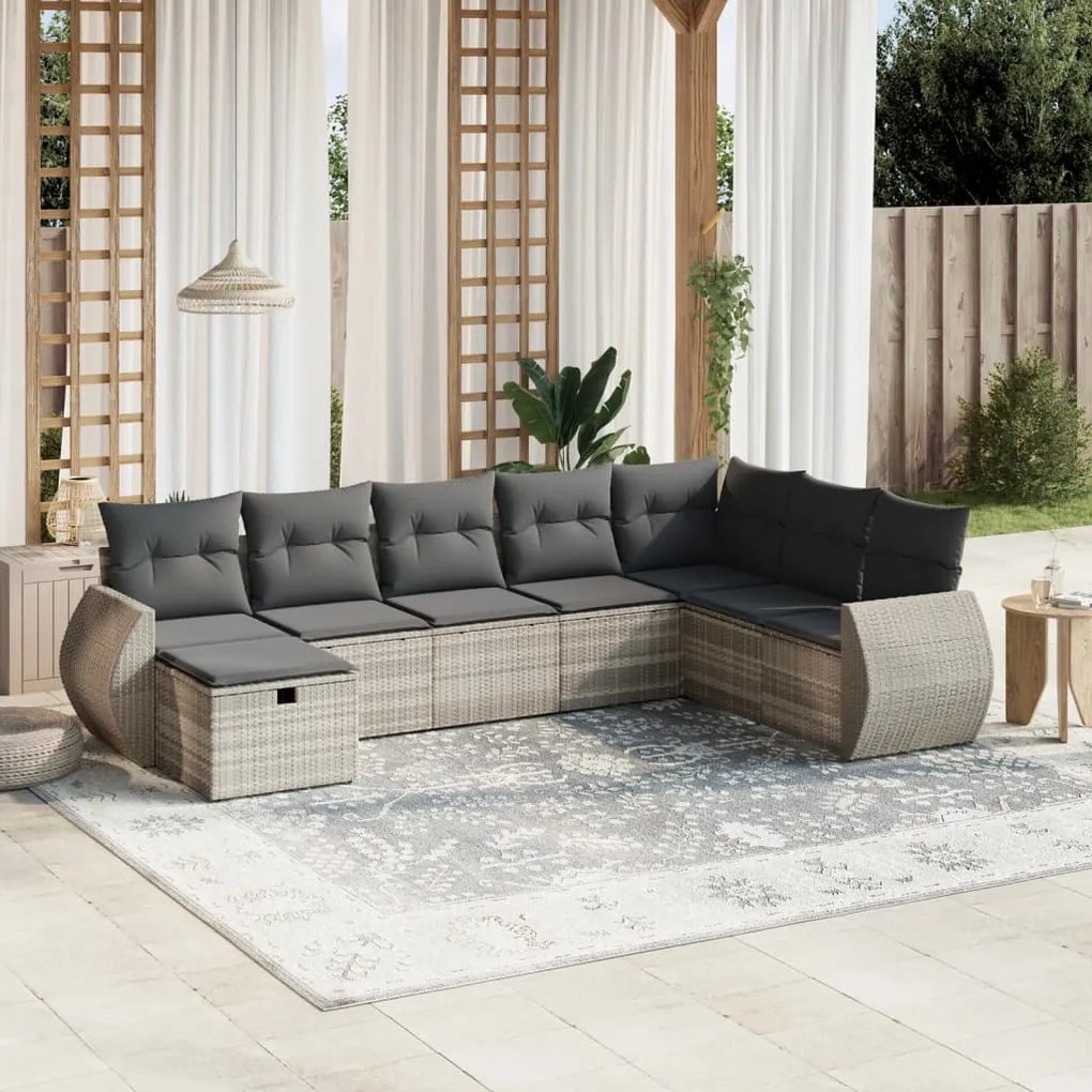 Set divano da giardino 8pz con cuscini grigio chiaro polyrattan