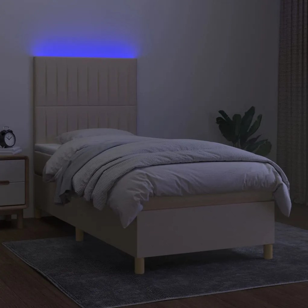 Letto a molle con materasso e led crema 90x200 cm in tessuto