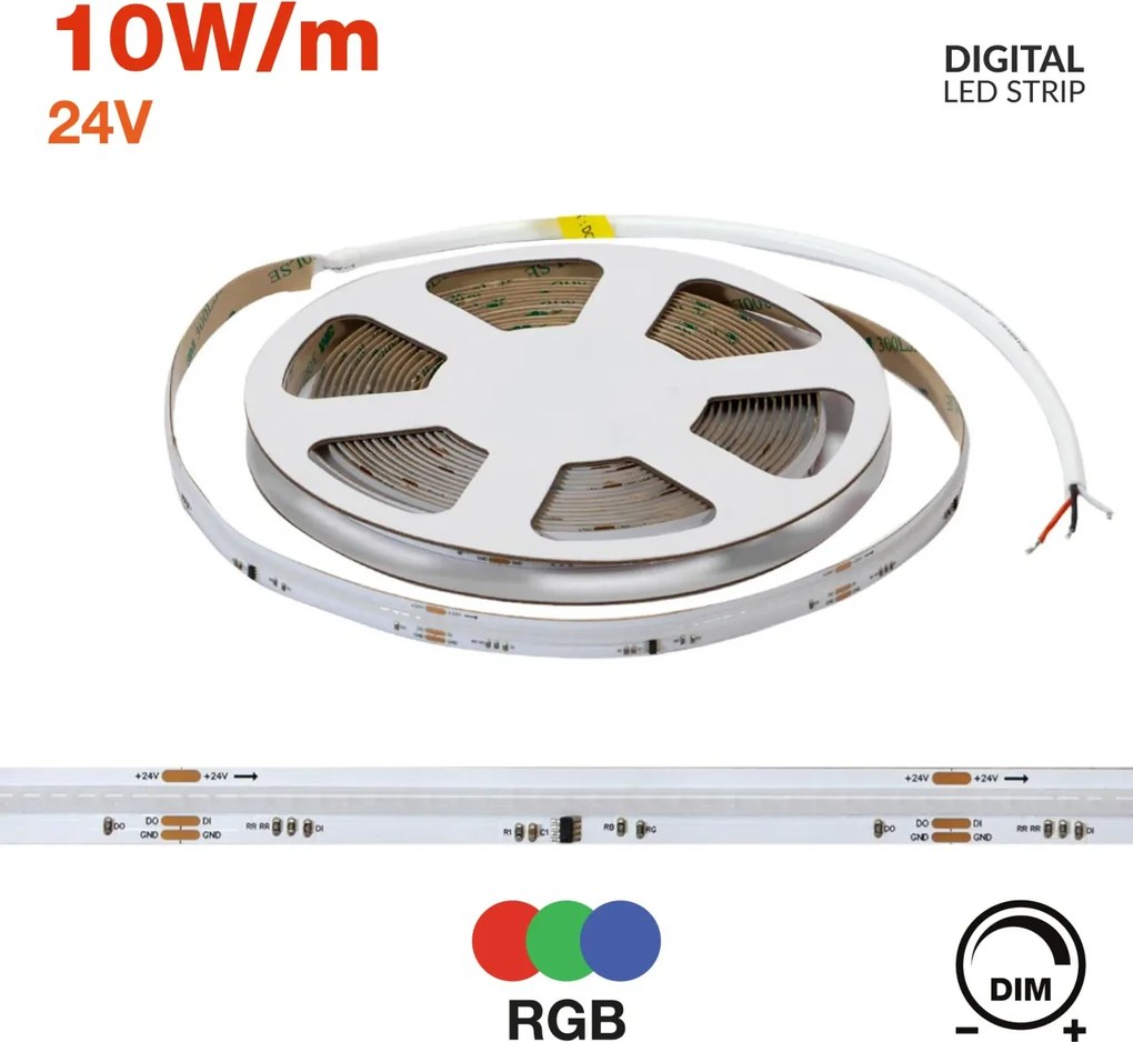 Striscia LED Digitale COB RGB 24V 10W/m RUNNING Professionale IP20 - 5 metri