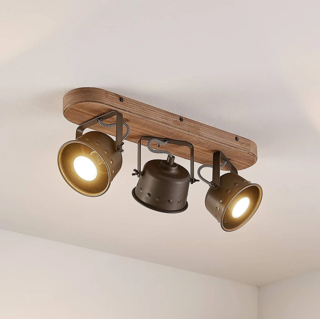 Faretto da soffitto Lindby Rubinjo, 45 cm, a 3 luci, legno, metallo