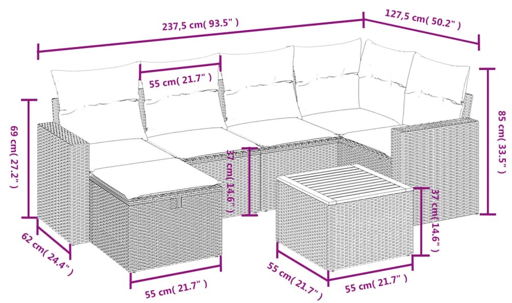 Set Divano da Giardino 7 pz con Cuscini Beige Misto Polyrattan