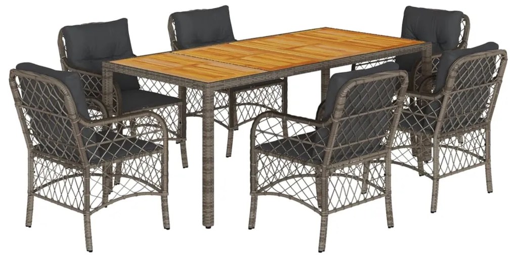 Set da Pranzo da Giardino 7 pz con Cuscini in Polyrattan Grigio