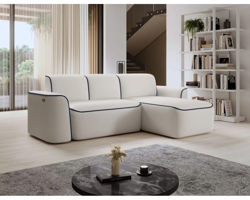 Divano angolare blu/color crema (con penisola a destra/con chaise lounge) e rivestimento in bouclé Ume – ELTAP