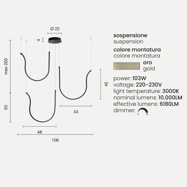 Lampada a sospensione ARQUA 3 Luci in metallo verniciato 106 cm ORO