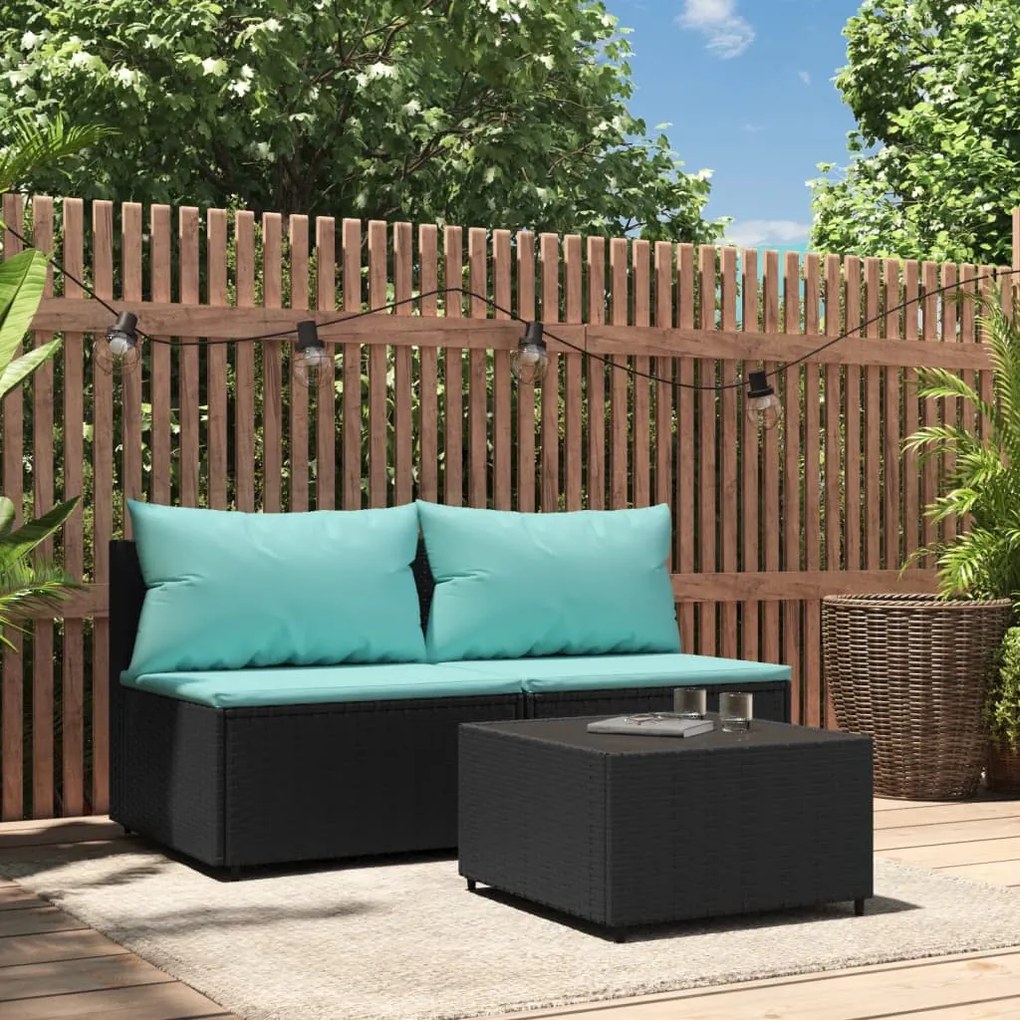 Set divani da giardino 3 pz con cuscini nero in polyrattan