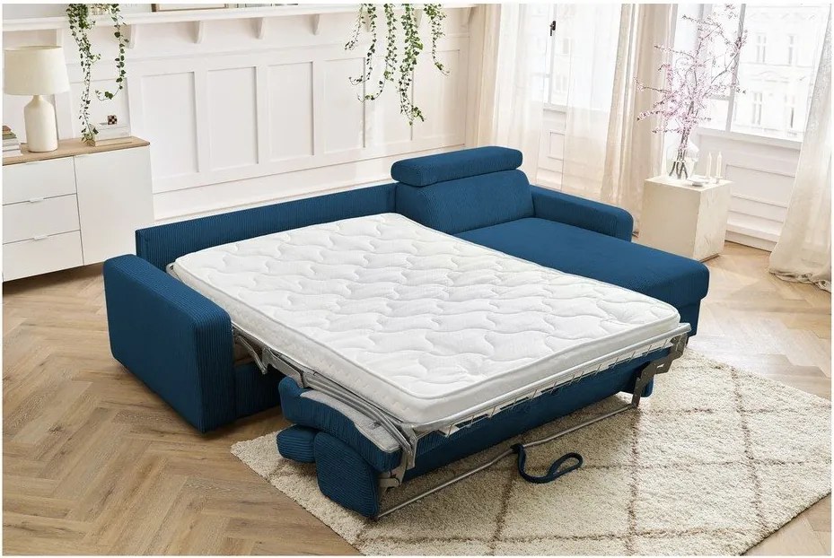 Divano angolare in blu scuro allungabile (con composizione variabile) con rivestimento in velluto a coste Monaco – Bobochic Paris