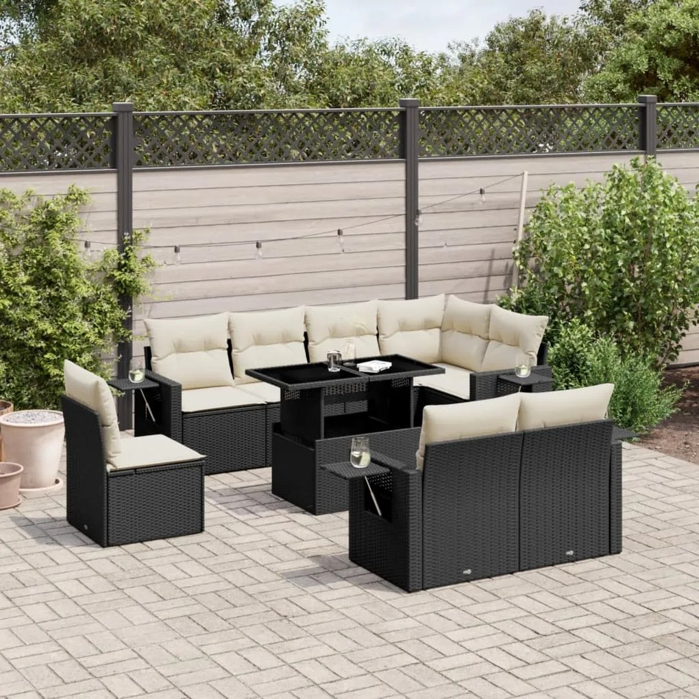 Set divani da giardino 9 pz con cuscini nero in polyrattan