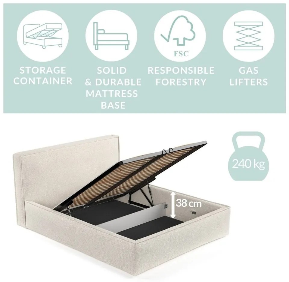 Letto matrimoniale imbottito grigio con contenitore con rete inclusa 200x200 cm Lounge L – Maison de Rêve