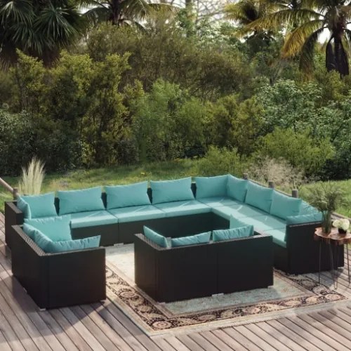 Set Divani da Giardino 12 pz con Cuscini in Polyrattan Nero