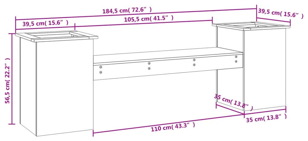 Panchina Fioriera Nera 184,5x39,5x56,5 cm Legno Massello Pino