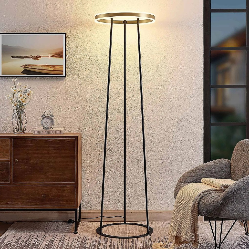 Lucande Seppe piantana LED, Ø 50 cm, ottone