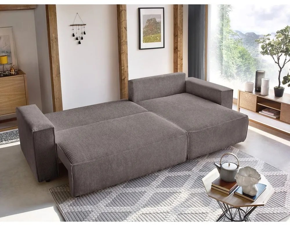 Divano angolare grigio tortora allungabile/con contenitore con rivestimento in velluto a coste Nihad – Bobochic Paris