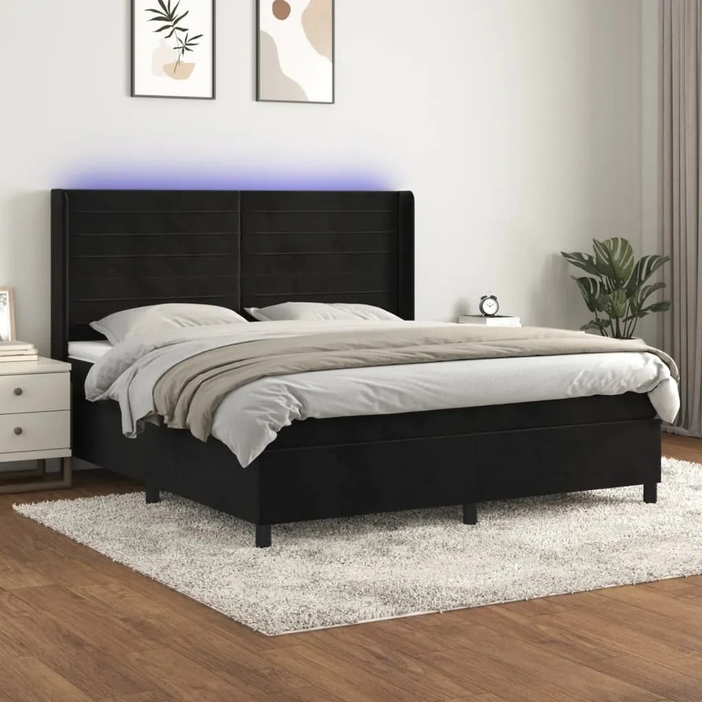 Letto A Molle Con Materasso E Led Nero 160x200 Cm İn Velluto /