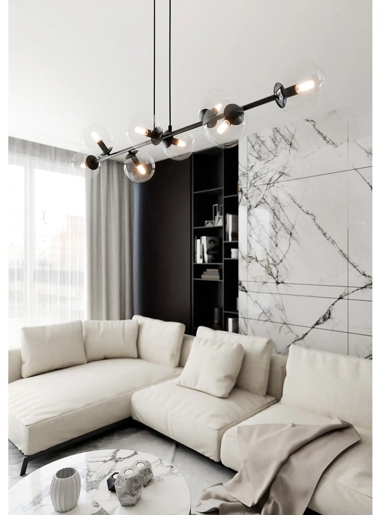 Lampadario Contemporaneo 8 Luci Durga In Acciaio Nero E Sfere Vetro Trasparente