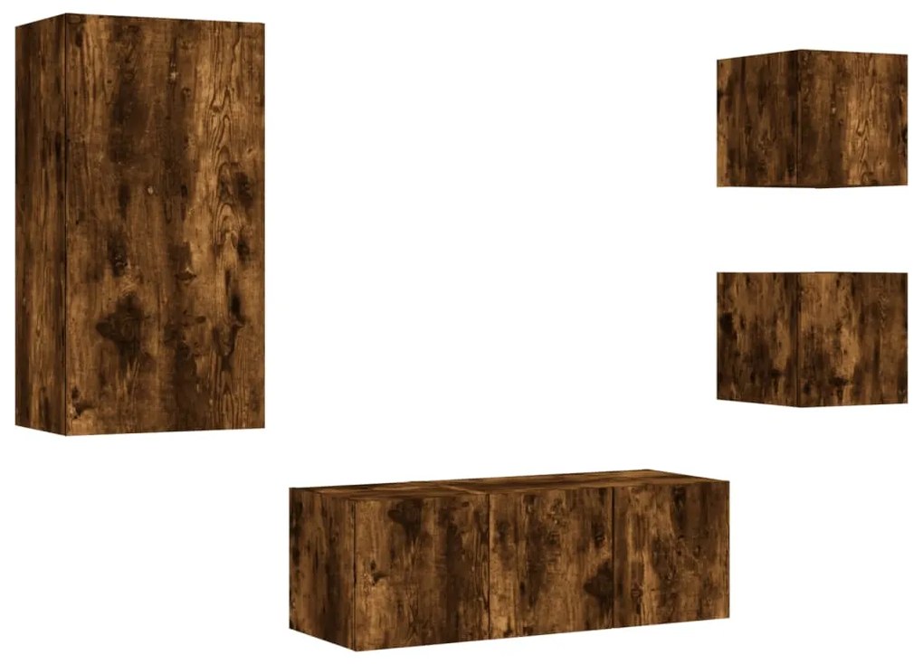 Mobili tv a muro con led 5pz rovere fumo in legno multistrato
