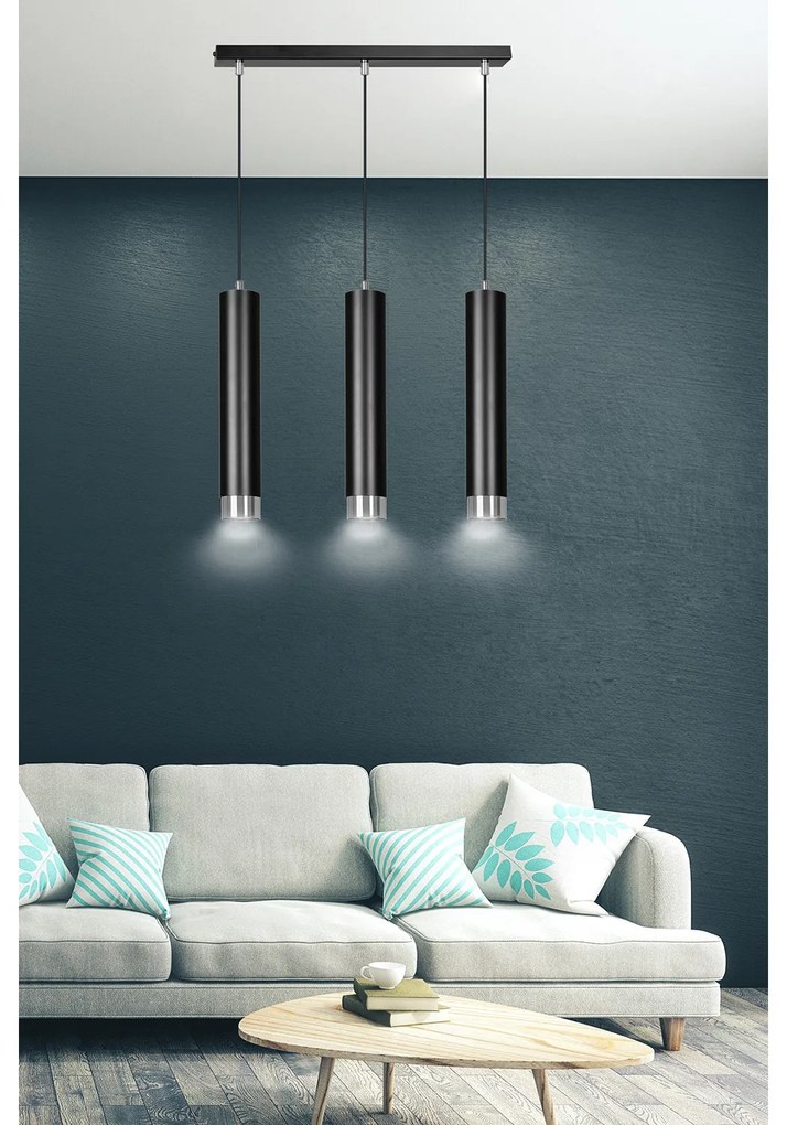 Lampadario 3 Luci Brunilde In Acciaio Nero E Tubolari In Nero E Cromo