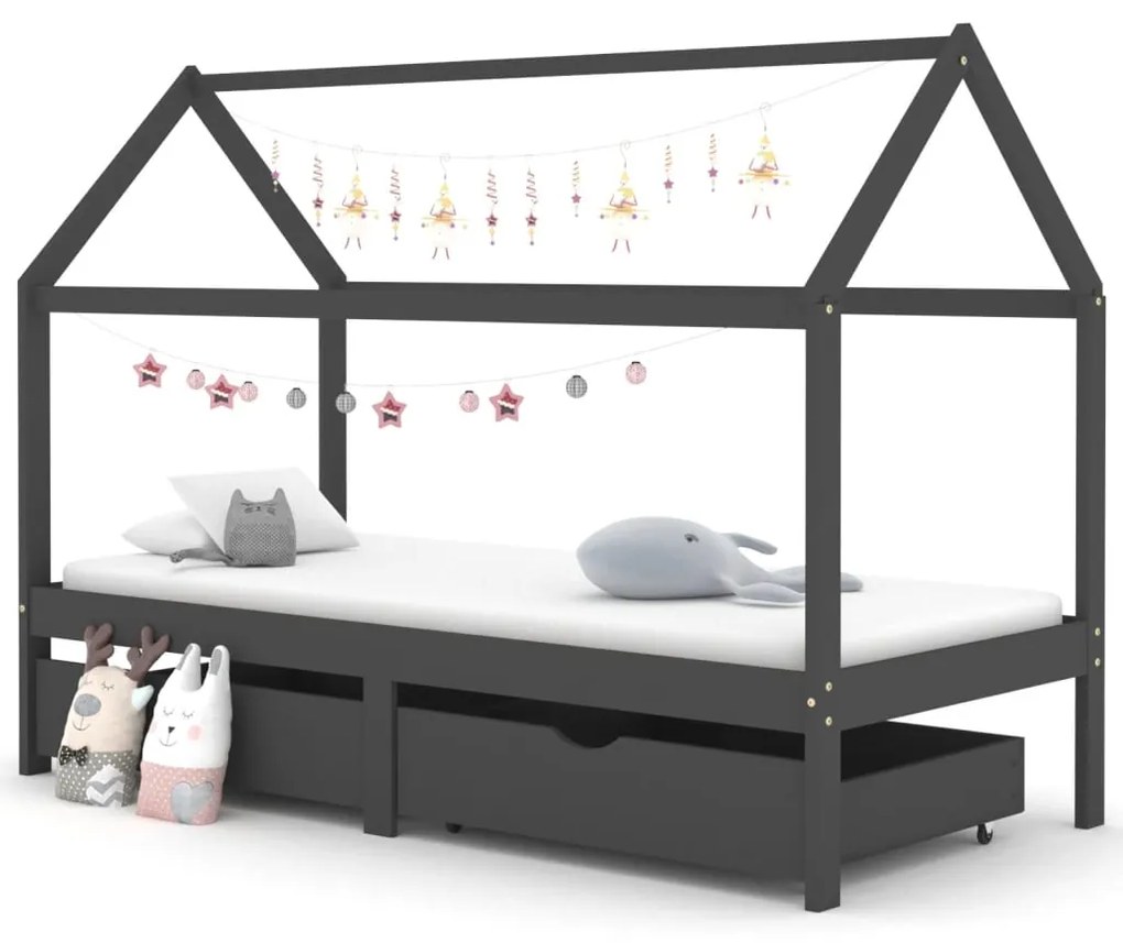 Giroletto Bambini Cassetti Grigio Scuro Pino Massello 90x200 Cm /