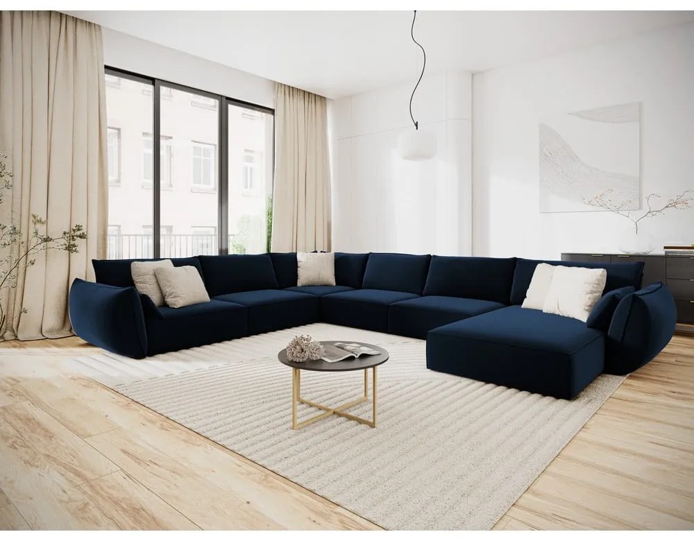Divano angolare blu scuro (con penisola a sinistra/a U) con rivestimento in velluto Vanda – Mazzini Sofas