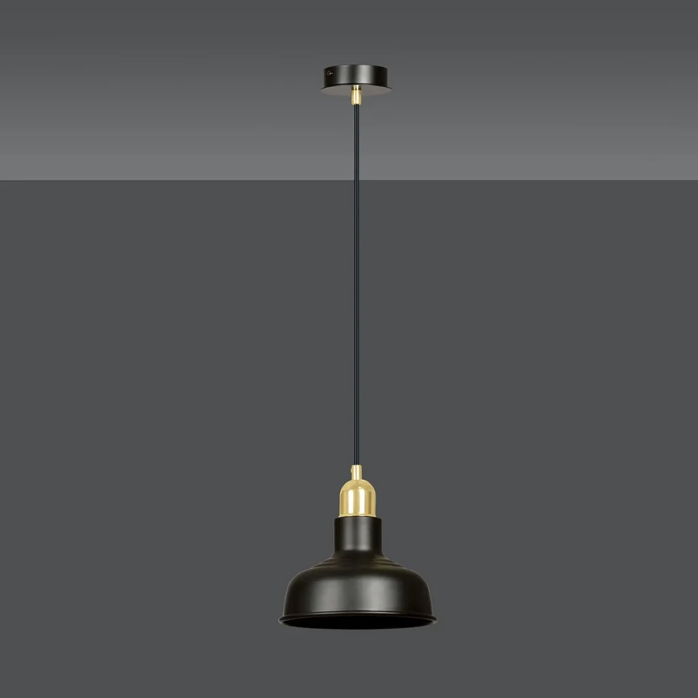 Sospensione Industrial 1 Luce Ibor In Acciaio Nero Con Elementi In Oro