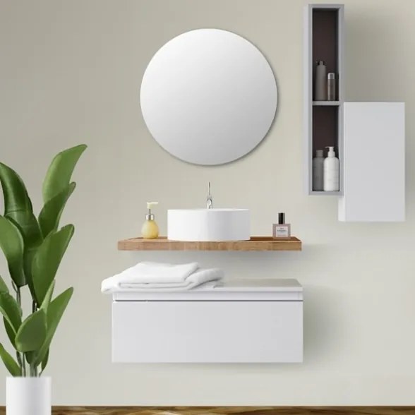 Mobile Bagno Sospeso 80 Cm Con Cassettone Bianco Mensola Rovere Lavabo E Specchio Aurora